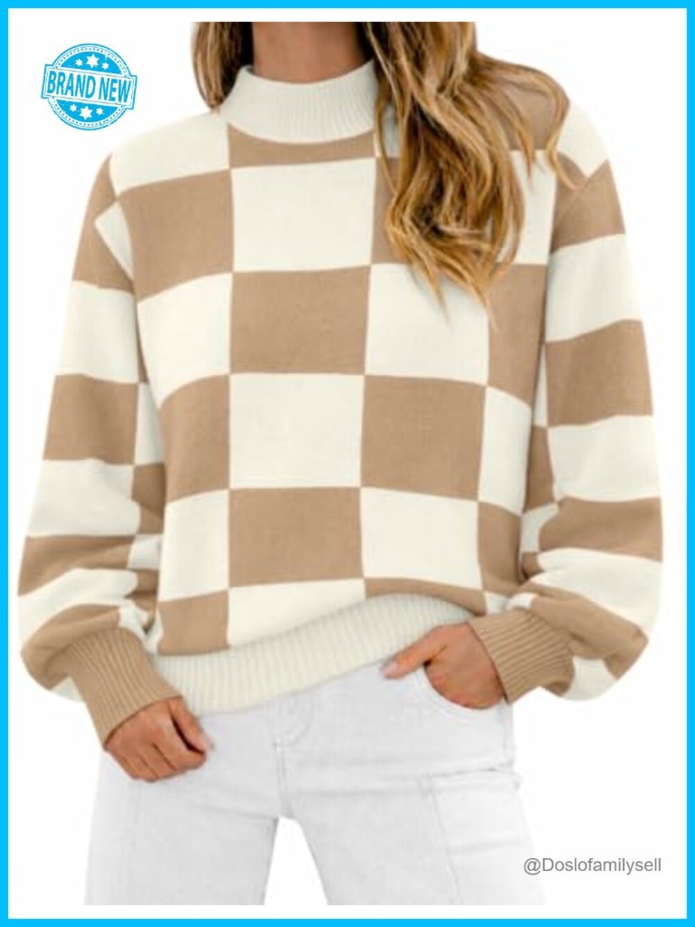 Women's Turtleneck Sweater Loose Plaid Ribbed Knit Pullover Long Sleeve Office
